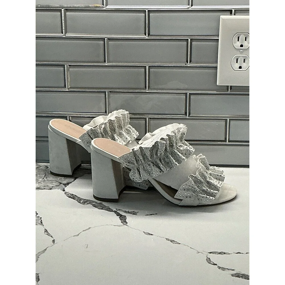 Charles David Royals White‎ Ruffled Embellished Block Heel Mules Size 9.5 M